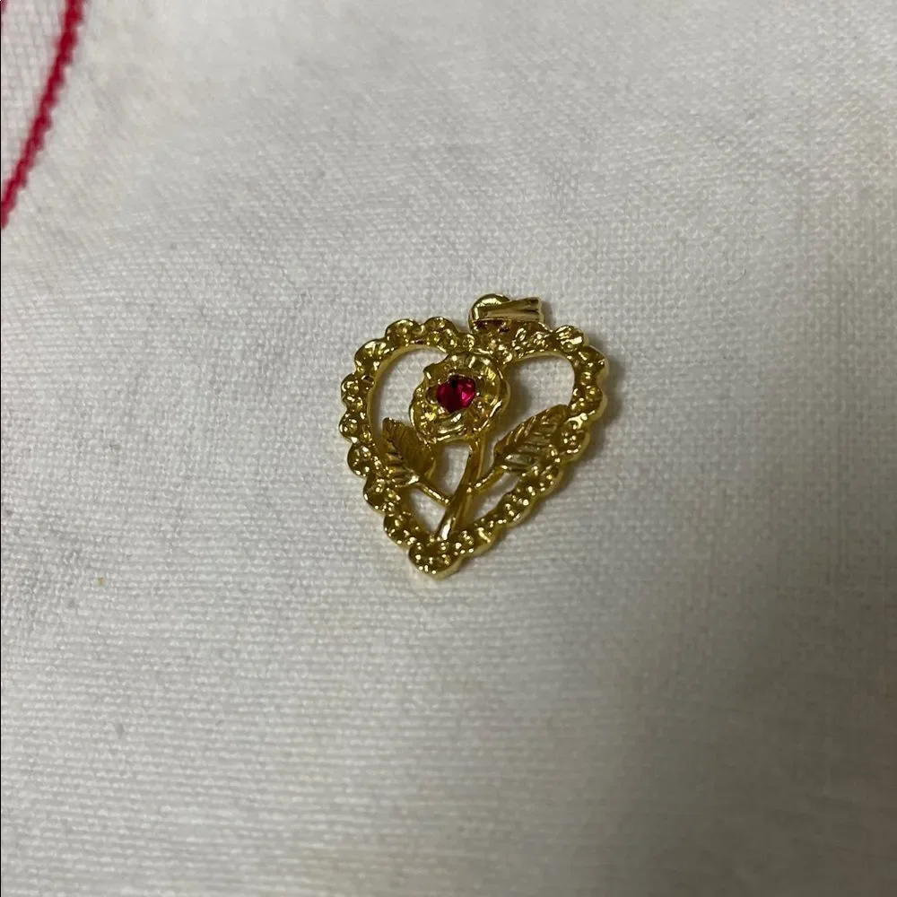 Gold Tone Heart Pendant with Red Gemstone